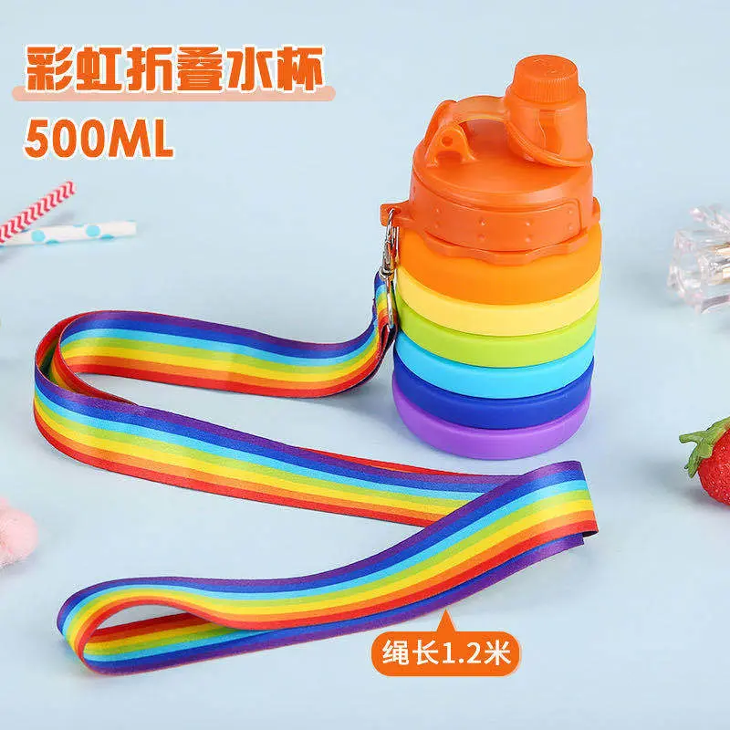 Silikon Folding Sport Wasser Cup Cute Rainbow Strap Retractable Kinder Wasserflasche