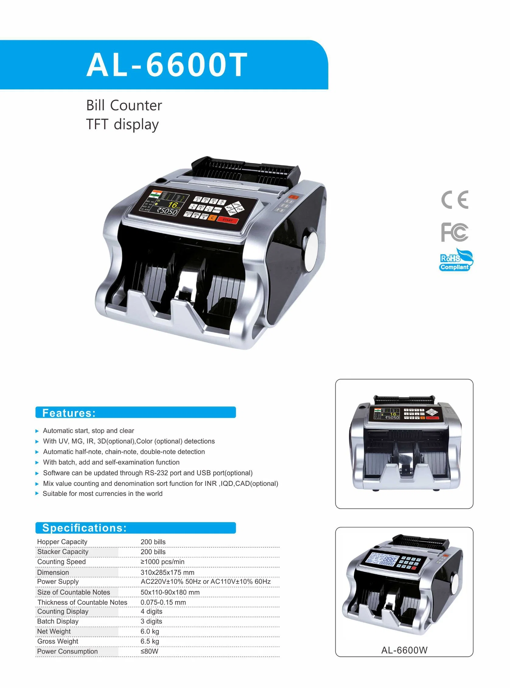 Al-6600t смешайте значение борьбе с USD EUR УФ МГ ИК-Dd машины подсчета наличности валюты счетчик