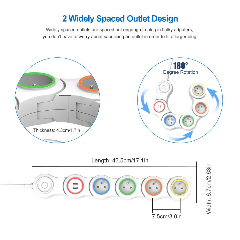 Colorful Fireproof Flexible French Plug Expandable 4 Outlet with 2 USB Surge Protector Socket