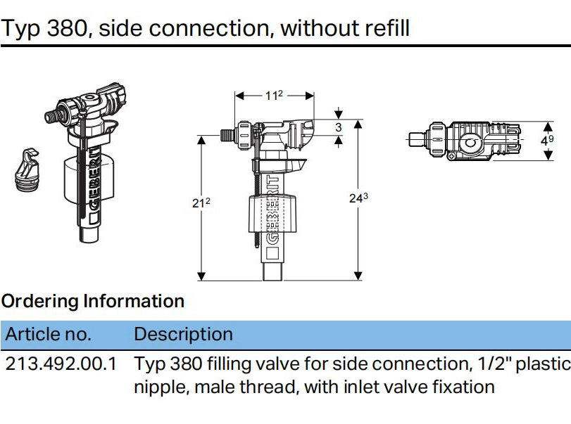 492geberit Typ380 1/2 "Plastic Nipple Remplissage Valve Toilette Raccords de réservoir