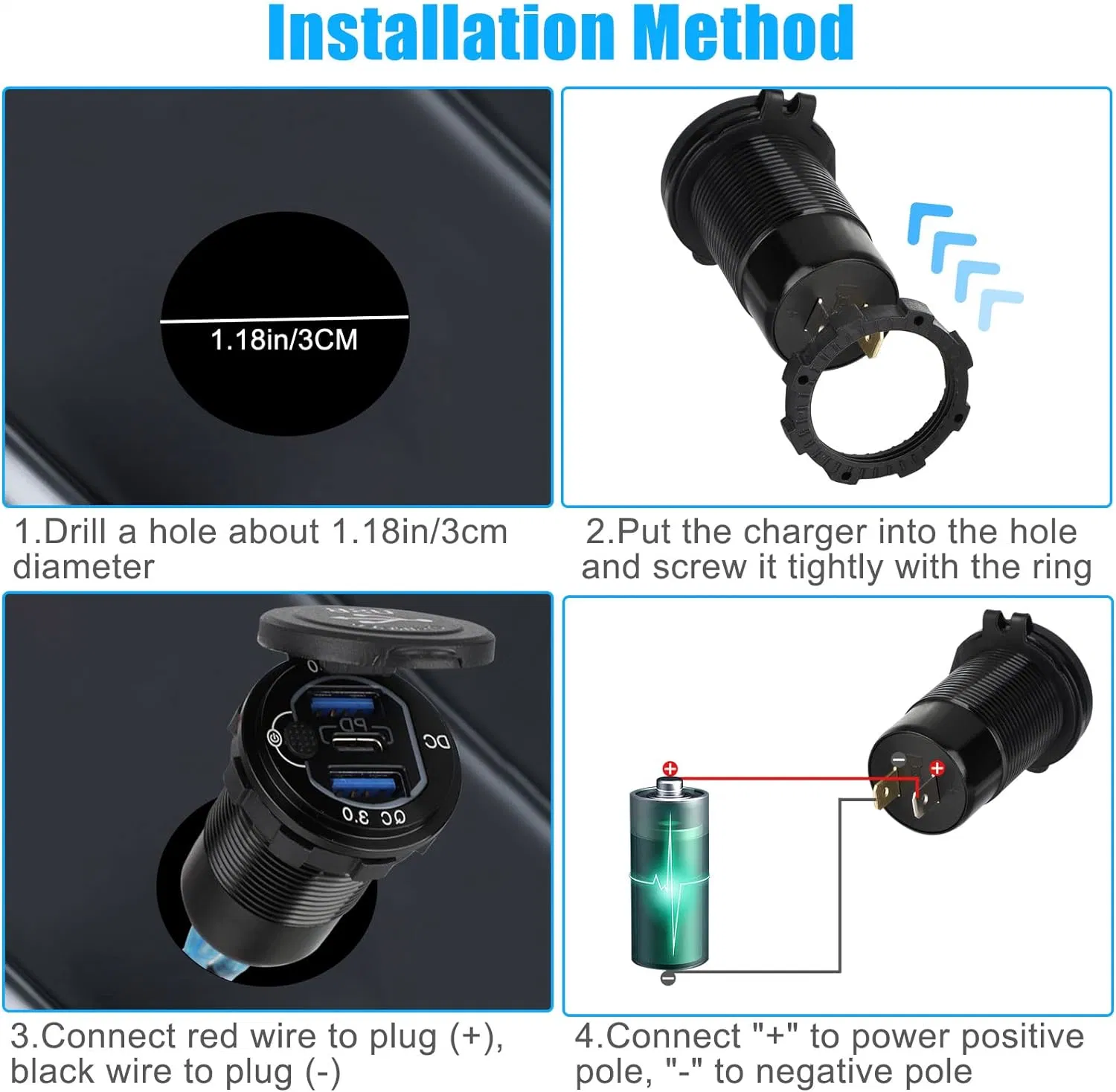 12V USB Car Socket Round USB C 12V Outlet, 3-Port Marine USB Fast Charger Waterproof Cigarette Outlet USB Replacement Aluminum with Switch & Voltmeter, Suitable