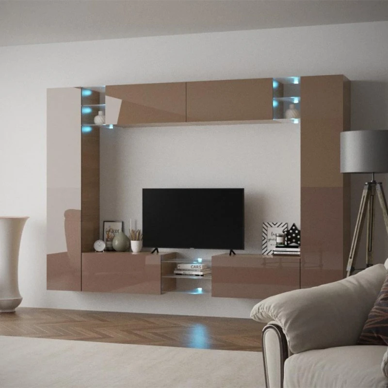 Suporte de TV moderno com TV multimédia com luzes LED de brilho elevado Gavetas de armários de mesa para mesas de comando para mobiliário de sala de estar