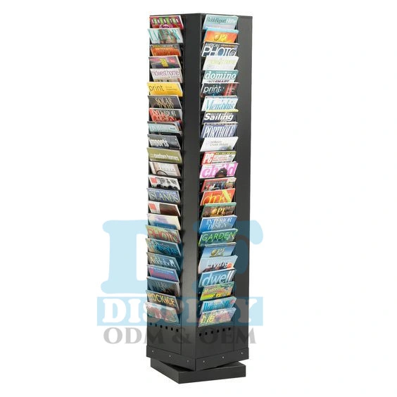 Removable 4 Side Revolving Slotwall Wood Book Magazine Brochure Display Stand with Wheels Metal Display Rack