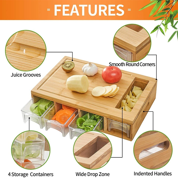 Wholesale/Supplier Side Handle Bamboo Cutting Board with 4 Pull Drawer Storage Tray