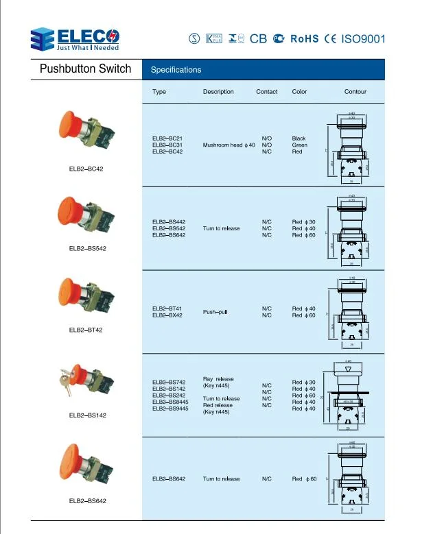 Interrupteur bouton poussoir de haute qualité Elb2-ED21