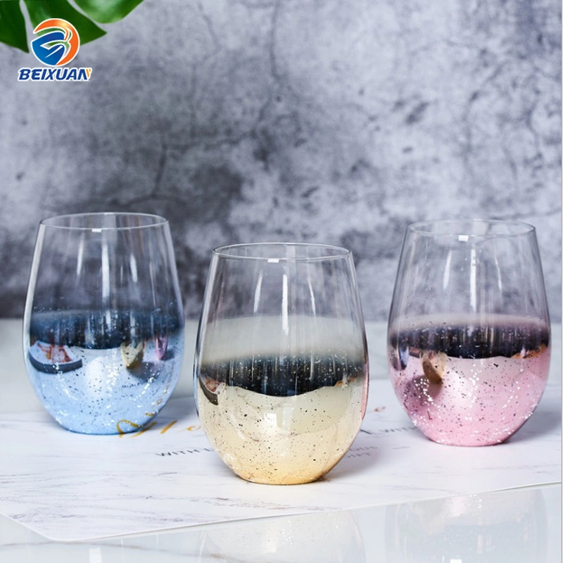 580ml Copa de vino sin tallo al por mayor con electrochapado en rosa, azul y dorado. Personalizada con un brillo lustroso sin tallo para fiestas de cumpleaños y uso en el hogar.