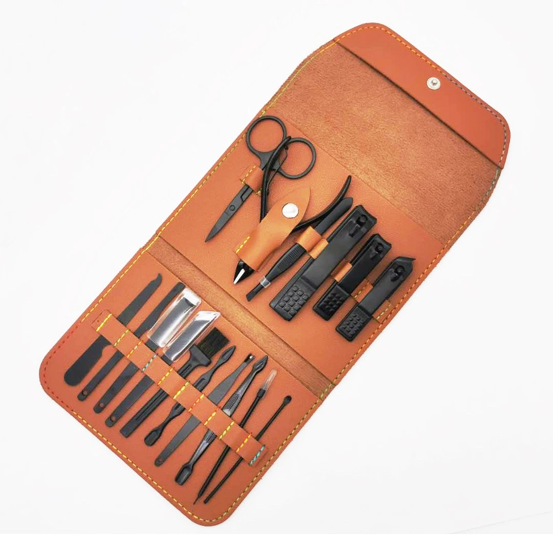 Professional Beauty Tools Nail Care Art Toe Finger Nail File Mens Nail Clippers Kits 16 PCS Black Pedicure Manicure Set