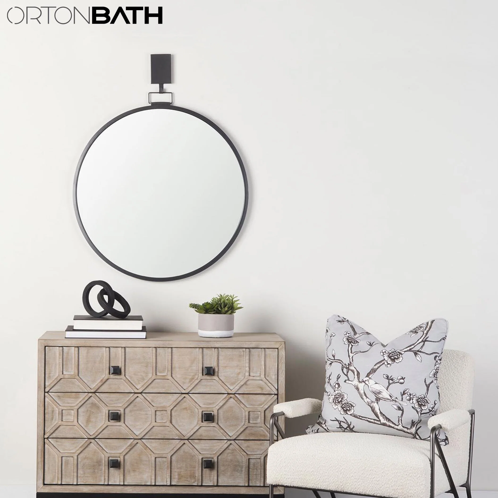 Ortonbath redonda negra pared decorativo espejo, agobiados rústico Cortijo de madera natural para la decoración del bastidor de un dormitorio con gancho colgante