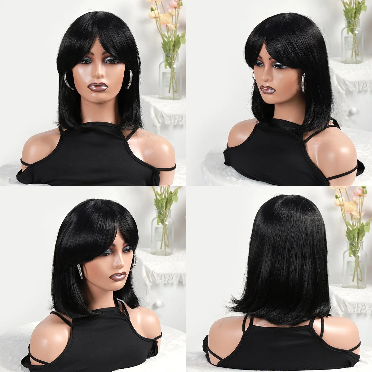 Cheap Straight Bob Wig with Bang Non Lace Machine Made Wigs