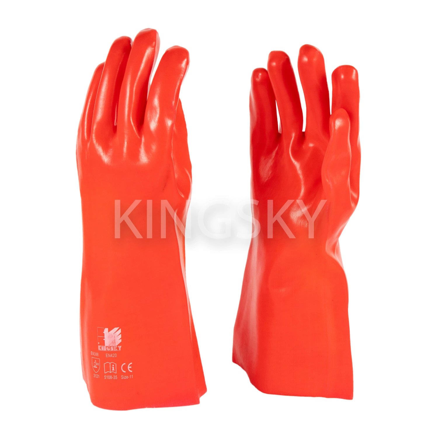 Red Color PVC Gloves with Guantlet Cuff Chemical Resistance Work Gloves CE Certified