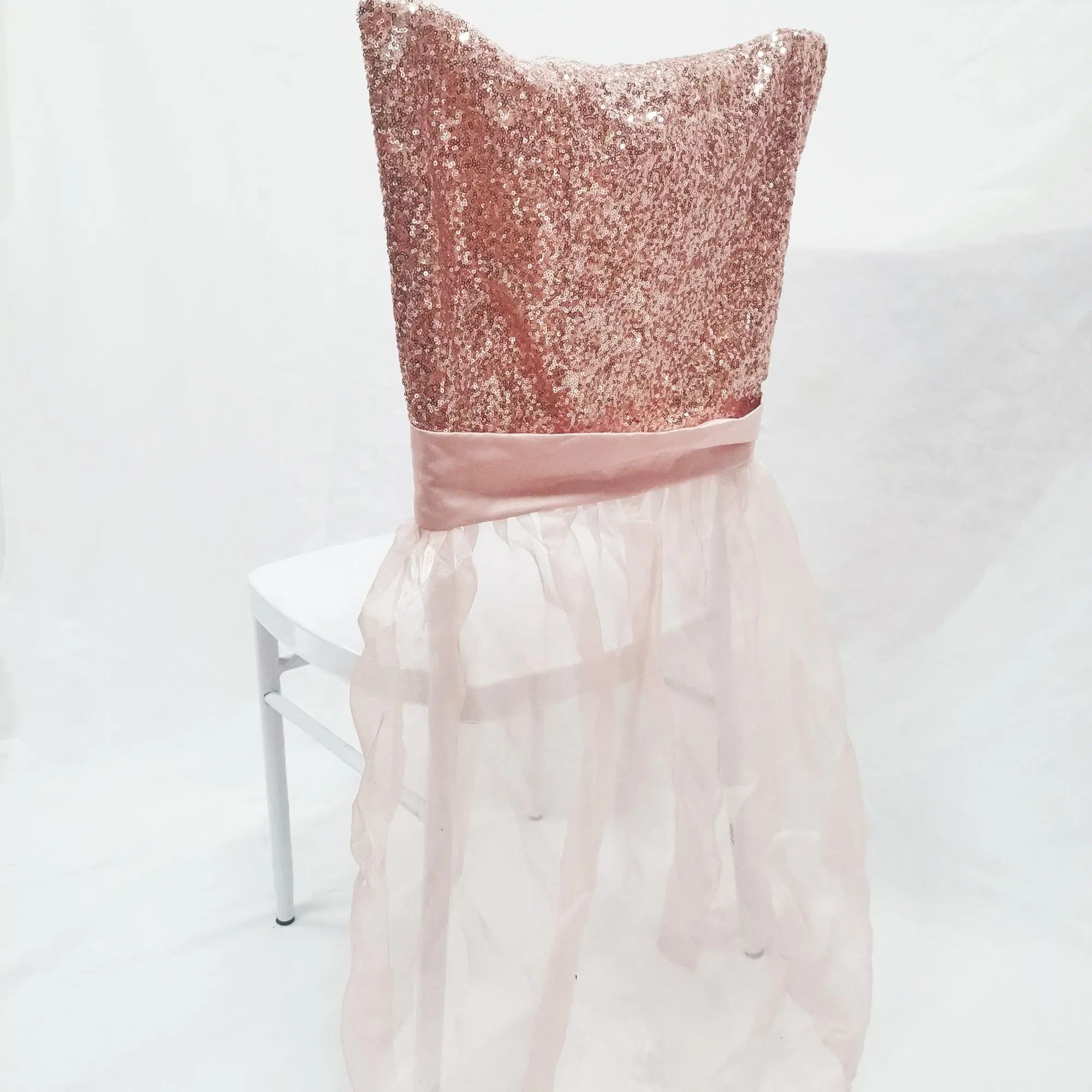 Silla de lentejuelas de oro rosa al por mayor espalda cubre la falda de silla Organza Para banquetes de fiesta comedor decoración de boda evento