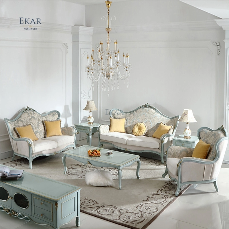 По-французски Королевского цельной древесины гостиной мебели ткань комбинации диван в европейском стиле Простые вырезанные ретро диван,