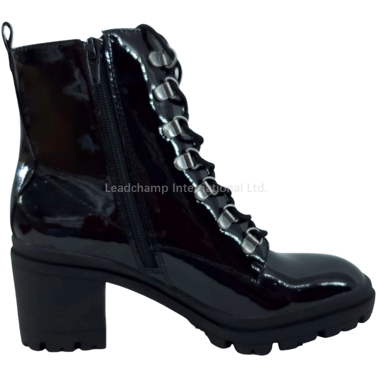 Lady Ankle Boots PU Upper with Metallic Zipper Shoes Chunky Heel Boots