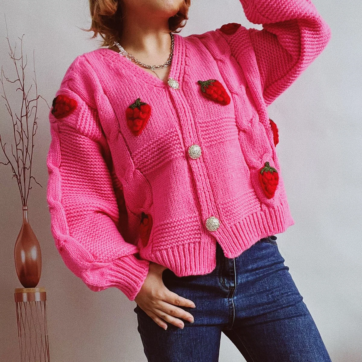 Casual Strawberry Embroidery Thick Fried Dough Twists Single Breasted Knitting Sweater Cardigan