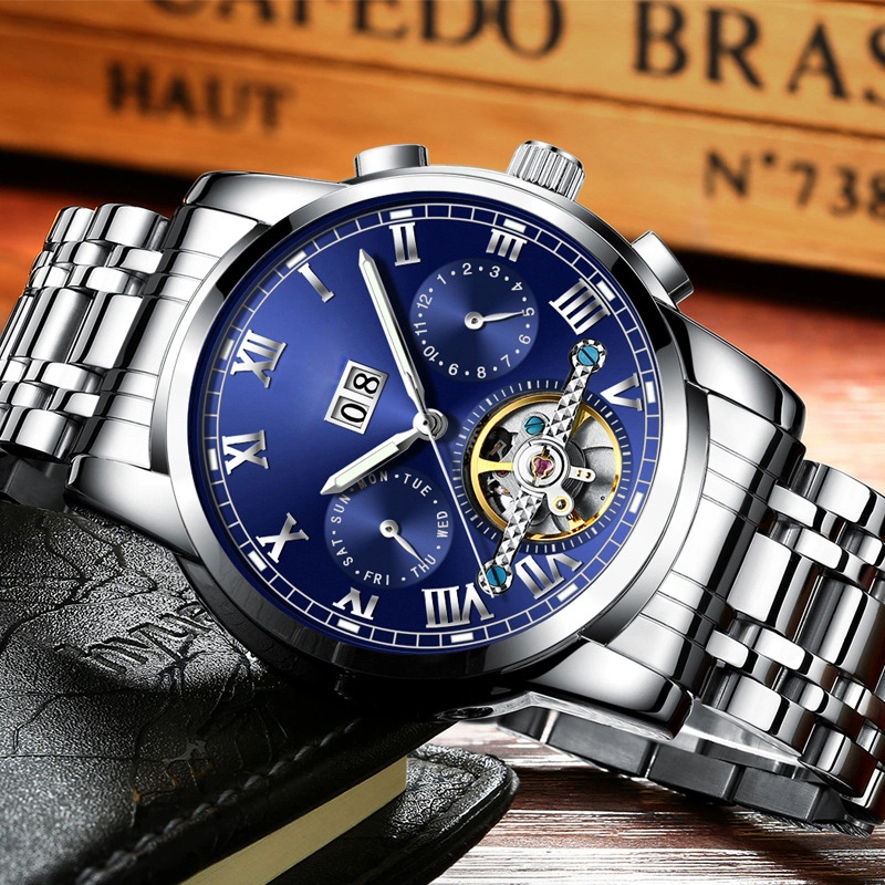 Custom Men Relojes mecánicos de lujo Acero inoxidable Tobion Tourbillon Winding Relojes automáticos