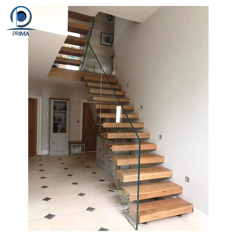 Prima Hot Sell Wooden Floating Staircase with Landingl Shaped Stairs Invisible Steel Stringer Hidden Cantilever Stairs Tempered Glass Panel Floating Stair