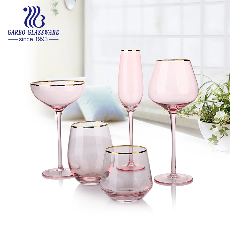 6oz Wedding Gift Wine Glass Tumblers with Gold Rim and Decal and Square Bottom