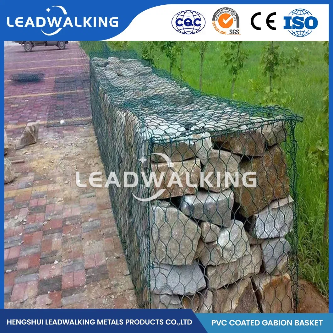 Leadwalking 2.0*0,5*0,5 Gabion de metal de tamaño de la fábrica de la jaula de malla con revestimiento de plástico Anticorrosivo Gabion Hexagonal China 60x80mm recubierto de plástico de malla Gabion Net