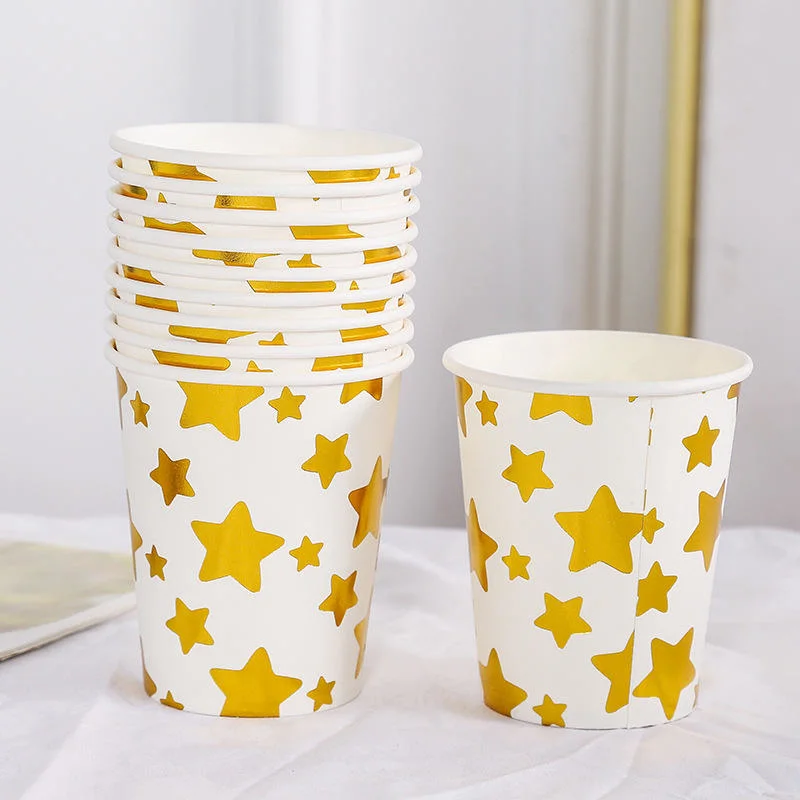 Hot Stamping Gold Silver 9oz vasos de papel desechable para fiestas desechables Suministros de fiesta papel Café bebidas tazas