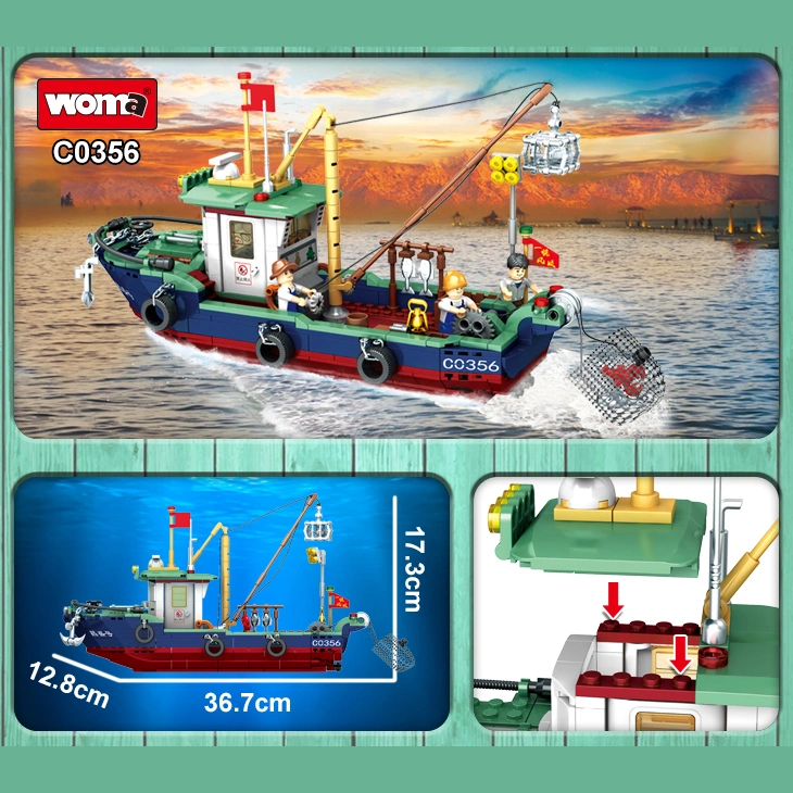 Woma Toys Home Decor Amazon Hottest Sale Fishermen Fishing Boat Catch Fish Shrimp Ship Model Brick Building Block Figure Puzzle Toy