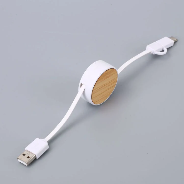 Cable USB portátil con panel de madera circular de bambú de doble tracción Línea retráctil 3 en 1 carga rápida retráctil tipo C Cable