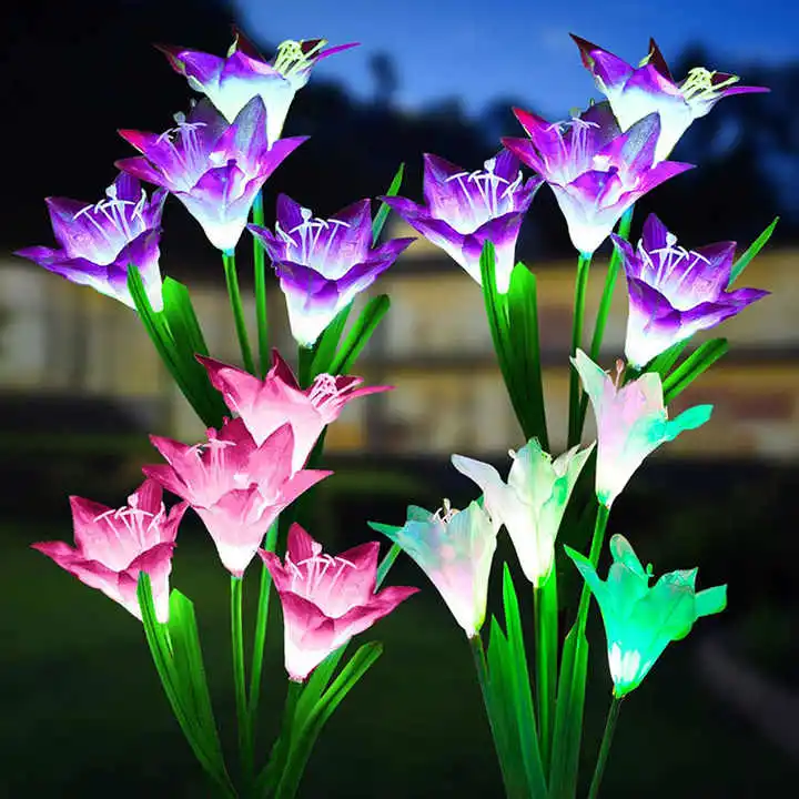 Luz solar das Flores ao ar livre 4LED Flor artificial Rose Lily Garden Luz decorativa do relvado