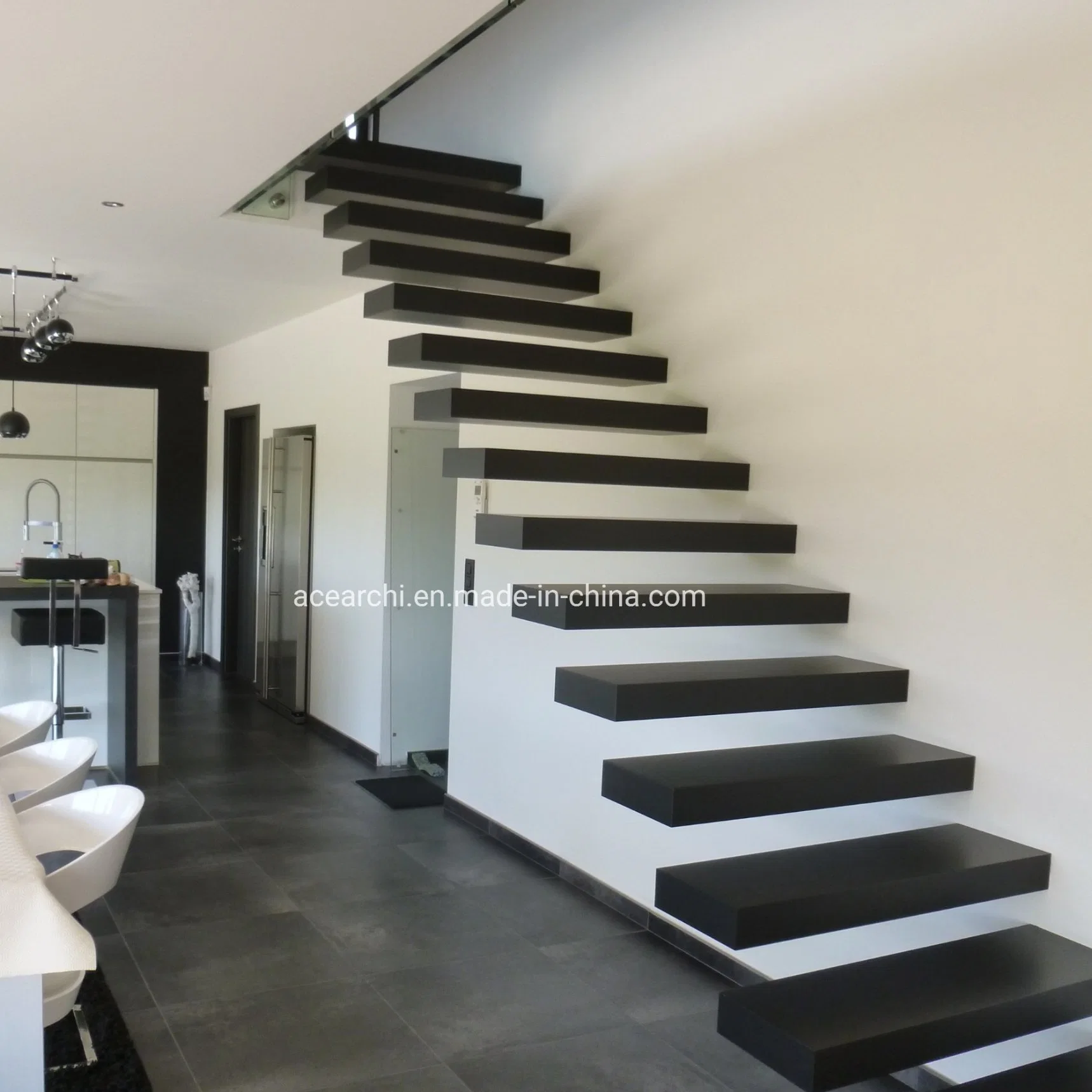 Modern Steel Wood Floating Stairs with LED Hidden Stringer Cantilevered Staircase