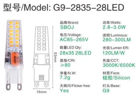 G9 Ampoule de LED 85-265V 3W 28d G4 G9 Lampe à LED