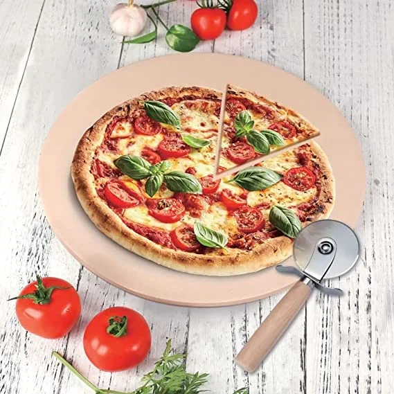 Ceramic Pizza Stone Set with Pizza Cutter and Serving Rack