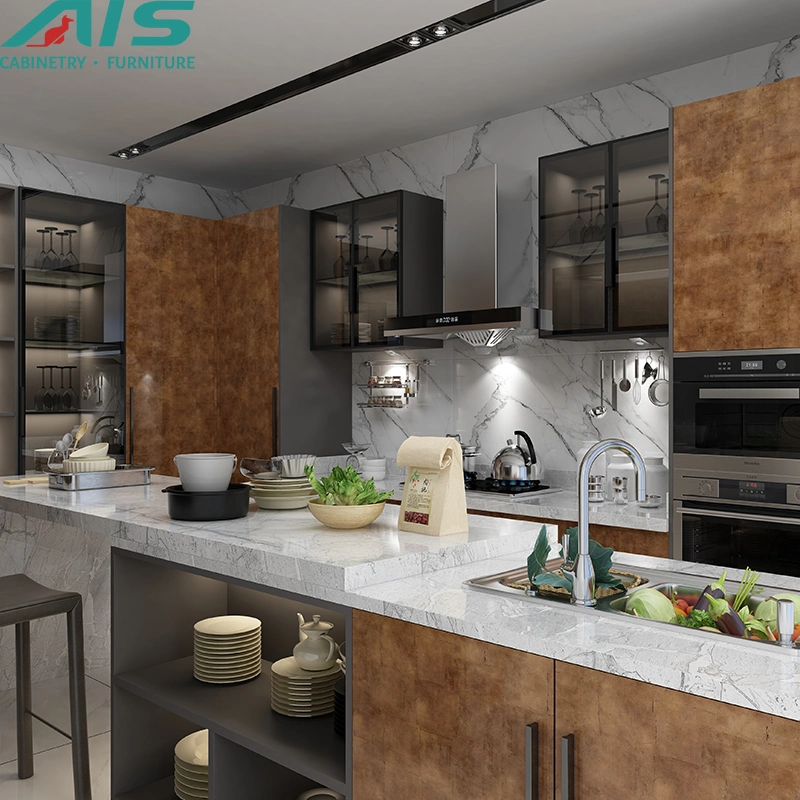 AIS Designs Modern Custom High End Fiberglass Classic Full Set Furniture Brown Wood Island Kitchen Cabinets with Sink