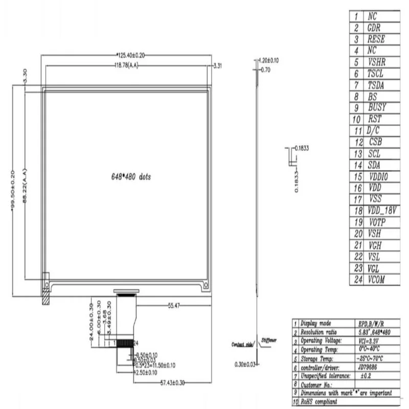 Vente directe d'usine 5,83" 648X480 Pixels Écran E-Ink E-Paper TFT LCD Module OLED