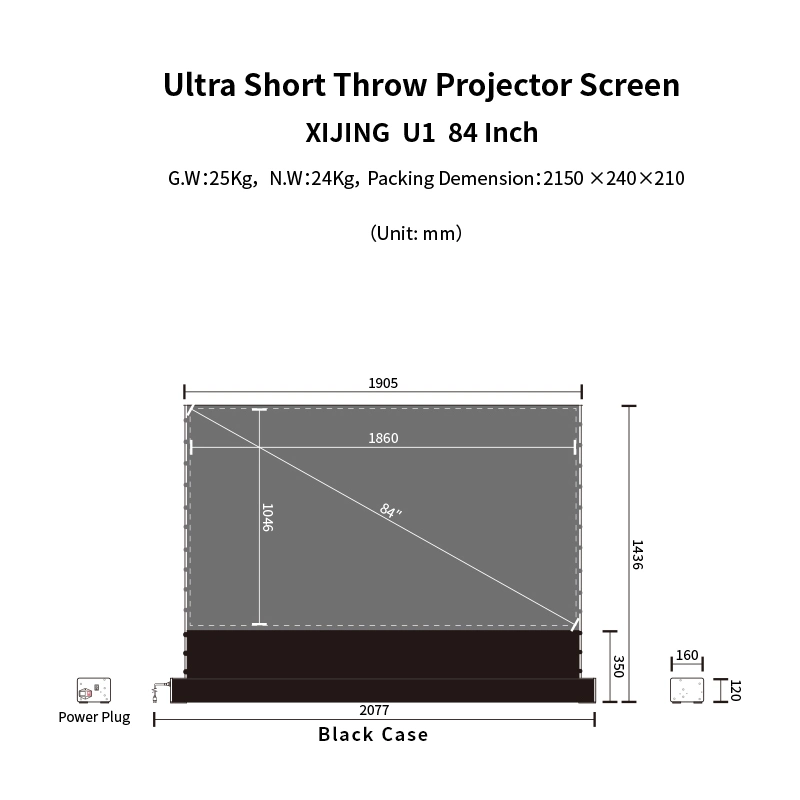 Xijing U1 84 pouces 16:9 Écran Alr électrique motorisé à élévation au sol pour projecteur laser Ust à courte portée 4K HD.