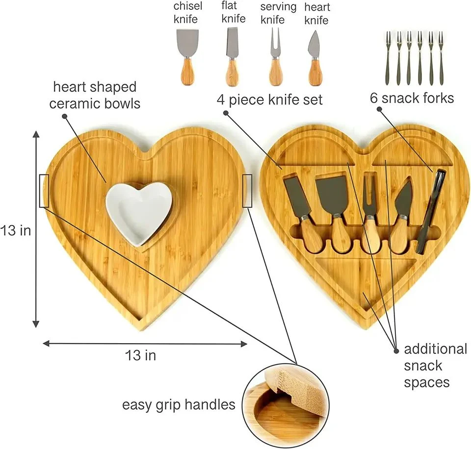 Venda por grosso de carne Prato de charcutaria que serve a bandeja e talheres Definir Coração Queijo placa de corte Conjunto da Faca