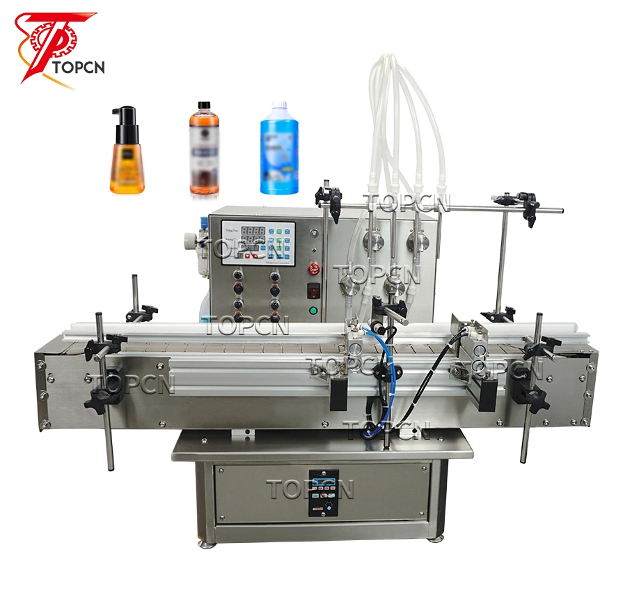 Automático de sobremesa Cosméticos Liquid Juice Filling Machine 4 Heads bebidas Llenado de tinta de agua de aceite con transportador para líquido viscoso