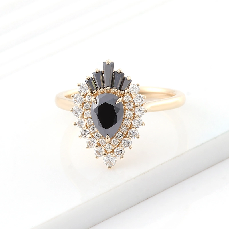 Lover's Tear Drop Design Diamond Ring Jewelry 14K Yellow Gold Pear Trapezoid Cut Black Color Vvs Moissanite Diamond