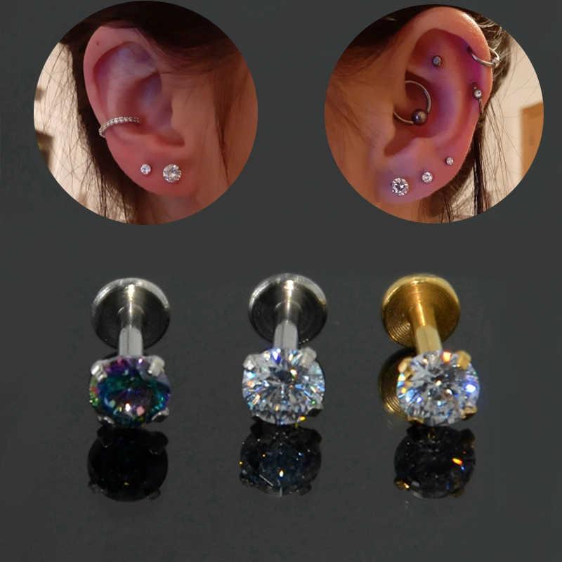 Jóia de corpo clássico da moda ASTM F136 Titanium Labret Threadless Push Ajuste Design 4 pinos Definição Moissanite CZ para orelha de lábios Nariz Piercing Jóias