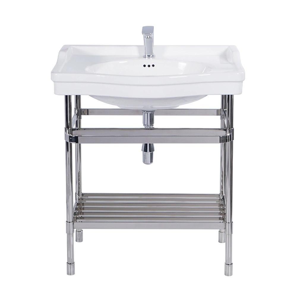 Wc Durable Pure White Freestanding Cupc Certified Handmade Rectangle Porcelain Vitreous China Vanity Console Washing Sink with Polished Stainless Steel Leg