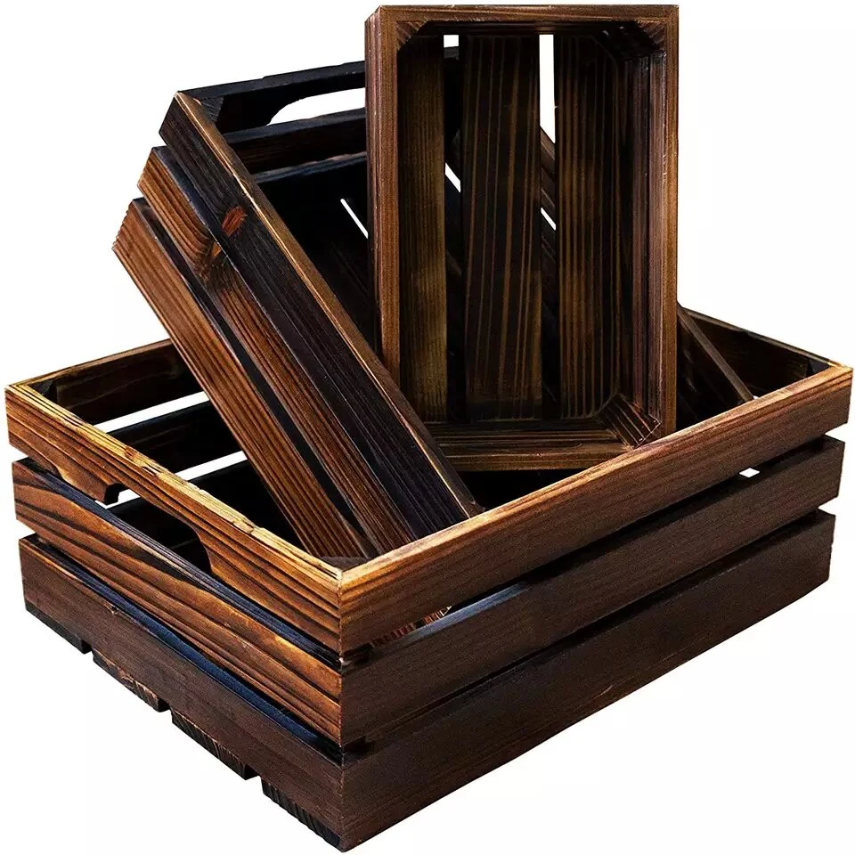 Rustic Wooden Nesting Boxes Wood Gift Basket with Handle Wooden Organizer Crates Basket