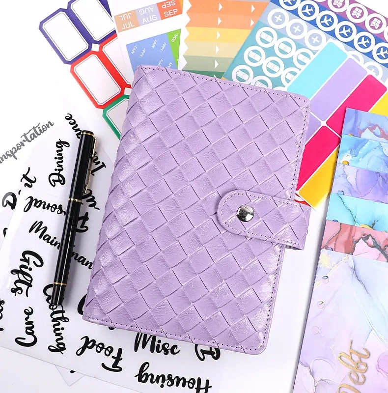 Caderno em pele PU Budget Binder A6 – argola de 6 folhas soltas Dossier organizador de dinheiro para sistema com bolsos de encadernador de plástico de manga