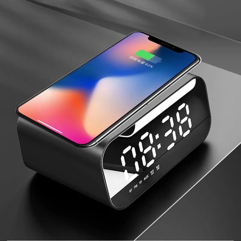 Multifunction Alarm Clock with LED Temperature Display Support Aux Play FM Radio Mobile Phone Wireless Charger