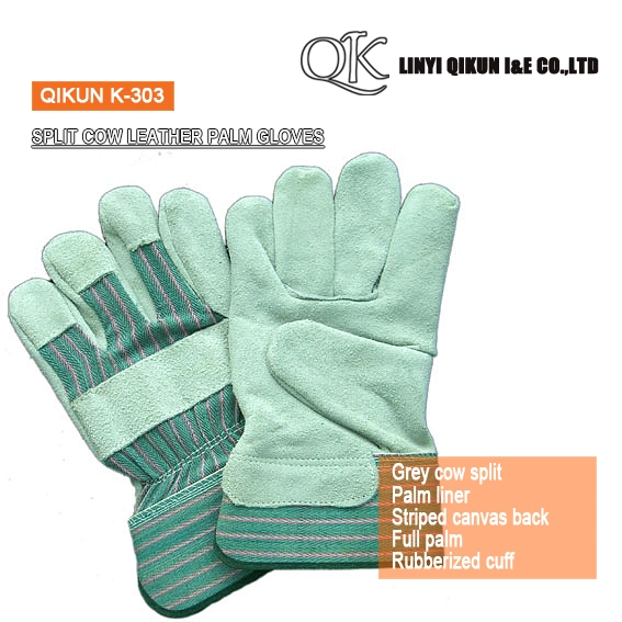 K-303 Grey Cow Split Full Palm Liner Rubberized Cuff Canvas Back Leather Working Safety Gloves