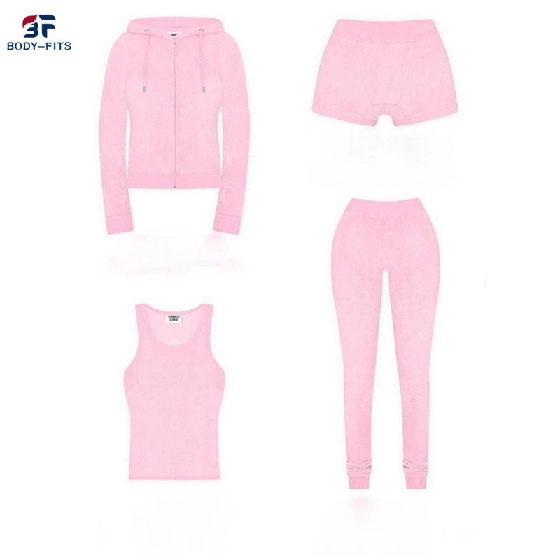 El otoño de dos piezas 2022 Terry toalla Bodysuit Streetwear emparejador de Mujeres Rosa llano Juego de arriba sudadera y pantalón Zip Establecer Sweatsuit