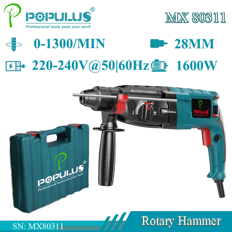Outils électriques pour marteaux rotatifs de qualité industrielle Populus 1600W/28mm Marteau électrique pour le marché iranien