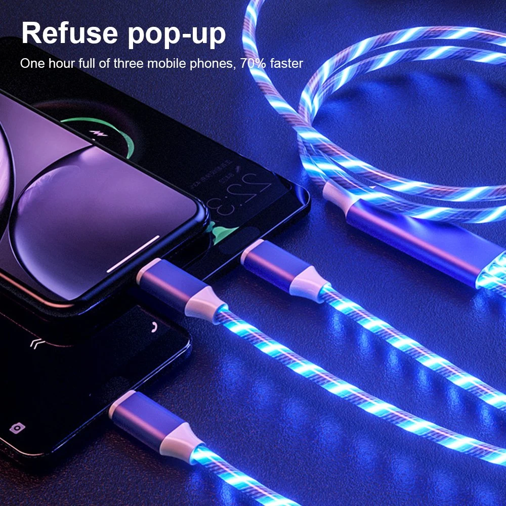 3 in 1 LED Glow Flowing Charger Cable Luminous Lighting Fast Charging USB Data Cable