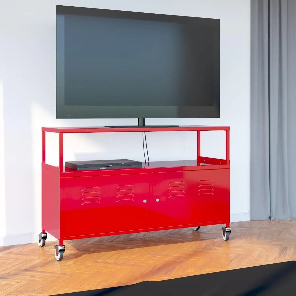 Metal Lockable TV Stand Cabinet Media Storage with Rolling Casters