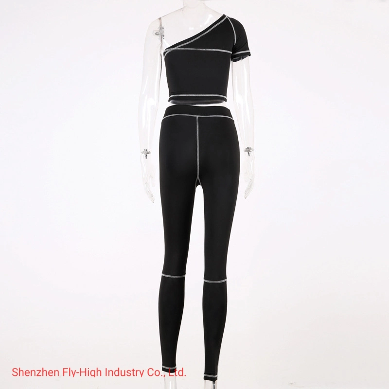 Stylish Ladies Black One Shoulder 2 Pieces Yoga Sports Women Suits