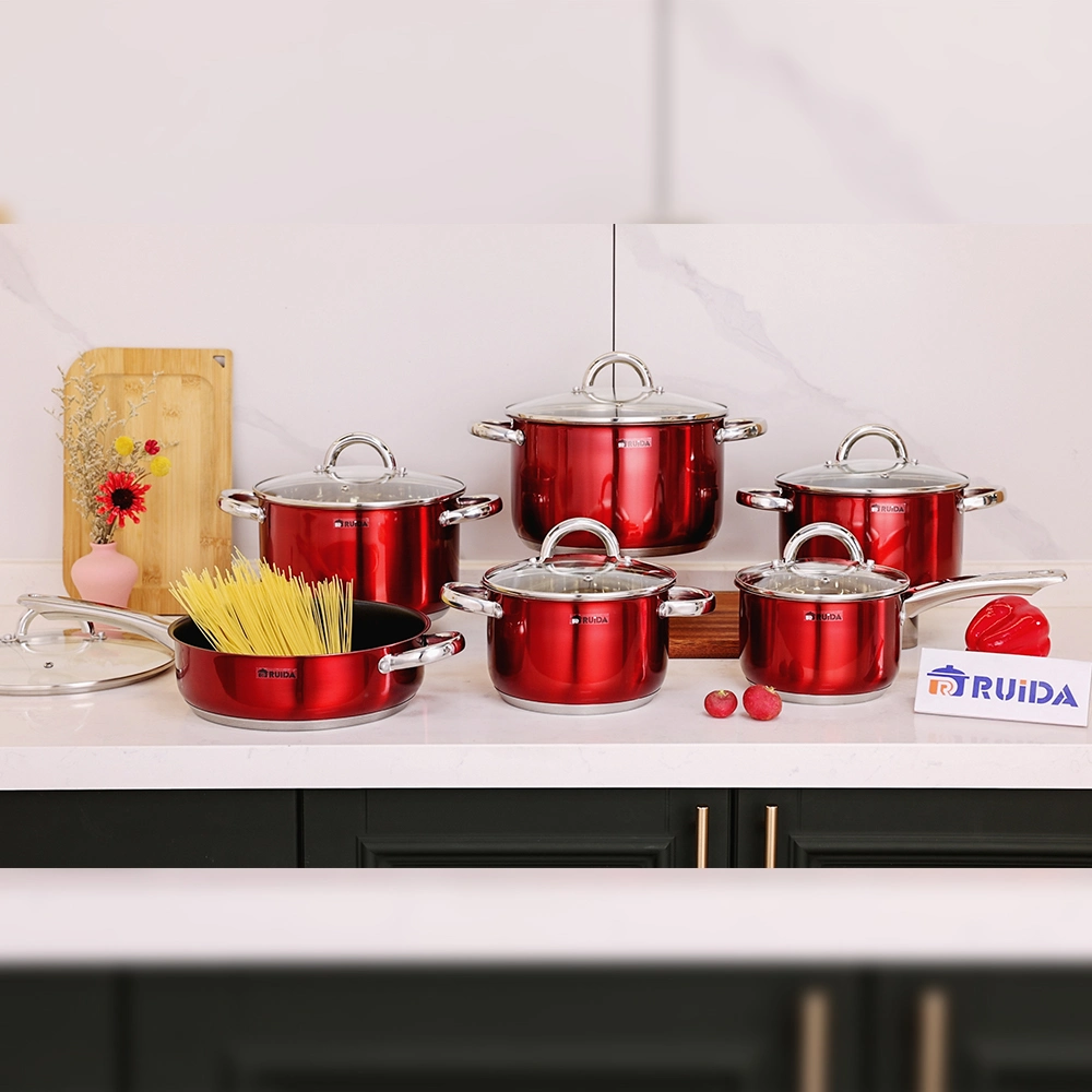 8/10/12PCS Piece Cooking Pots and Pans Red Painting Kitchenware Stainless Steel Cookware