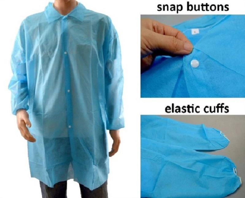 CE/FDA/ISO13489 Vestuario desechable de laboratorio SMS no tejido de capa de laboratorio Azul Con cuello de punto y bolsillos