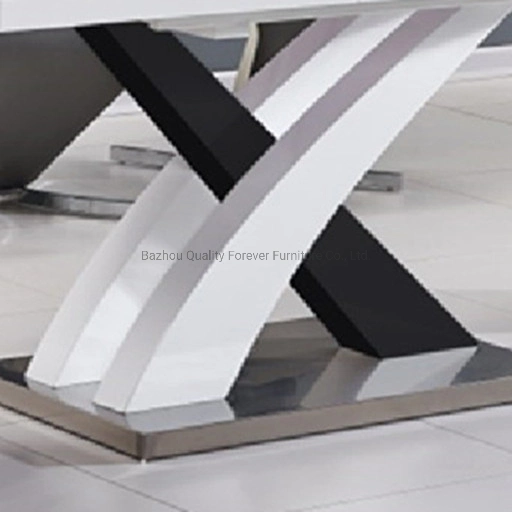 Mesa de comedor de alta calidad al por mayor de MDF extensible superior de acero inoxidable de color blanco negro 6/8 asientos