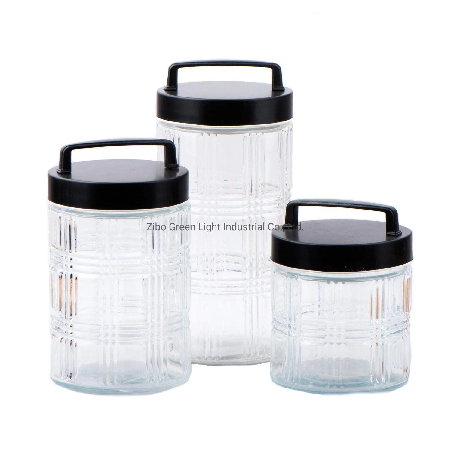 Embossed Glass Food Storage Jar with Black Metal Screw Lid